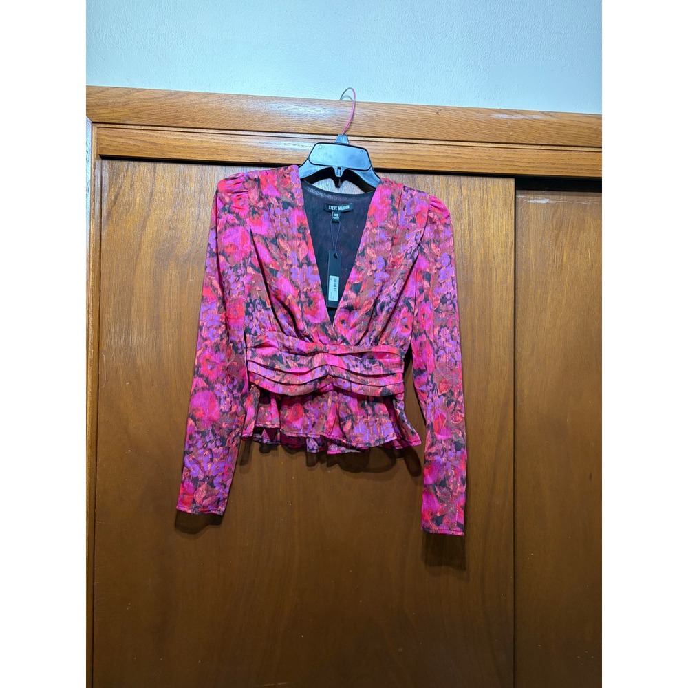 Steve Madden Dark Fuchsia Floral Metallic Peplum Top BN404044 XS